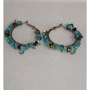 Blue & Gold Beaded Hoop Earrings With Leverback Closures